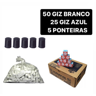 50 Giz Branco 25 Giz Azul 05 Ponteiras Rista P/ Taco Mesa de Sinuca Bilhar
