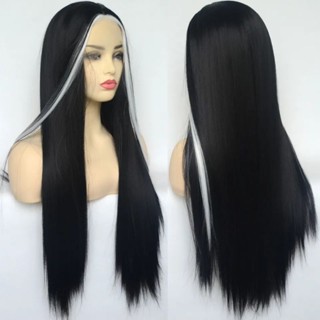 Peruca morticia Adams cabelo longo preto peruca sintética