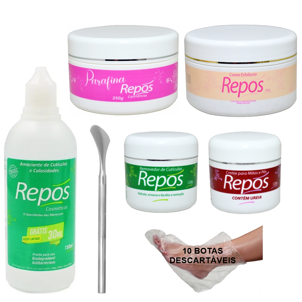 Kit Amaciante Repos 150ml +222+ Parafina+ Esfoliante+ Creme Removedor +Creme Uréia+ 10 Botas