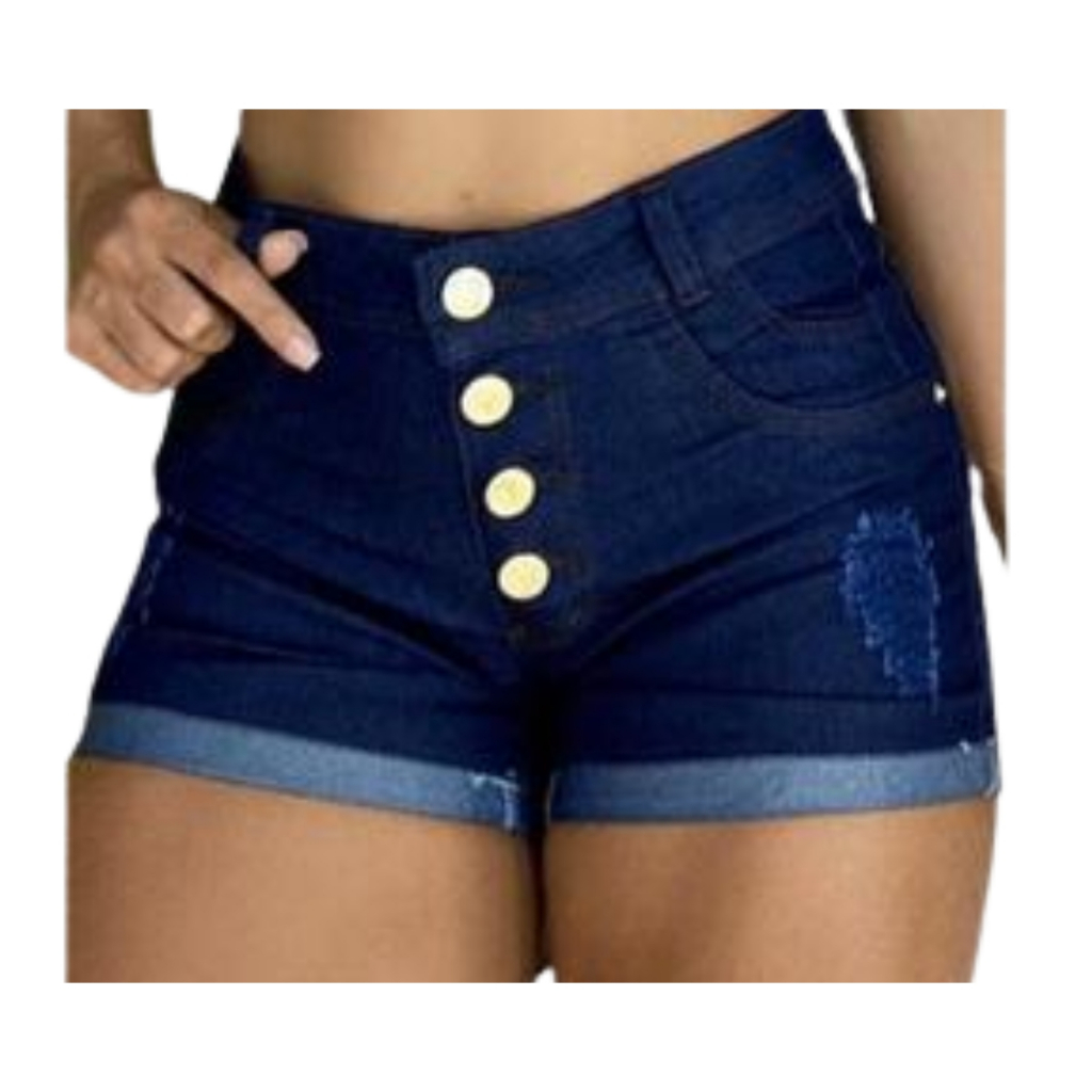 Short jeans Feminino Cintura Alta com Lycra Short Jeans Detonado com Barra dobrada