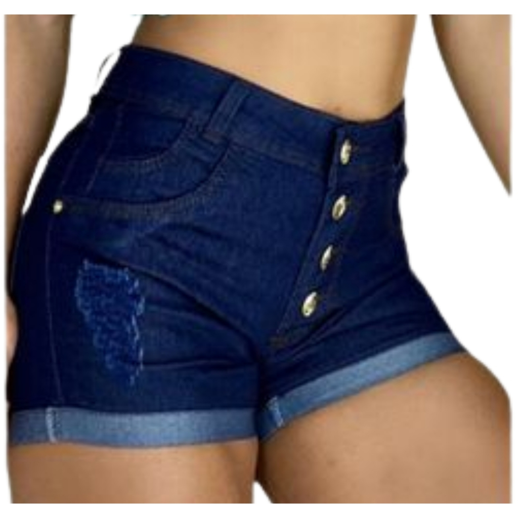Short Jeans  Luxo Feminino Cintura Alta Destroyed Modela Bumbum  Barra Desfiada com Lycra