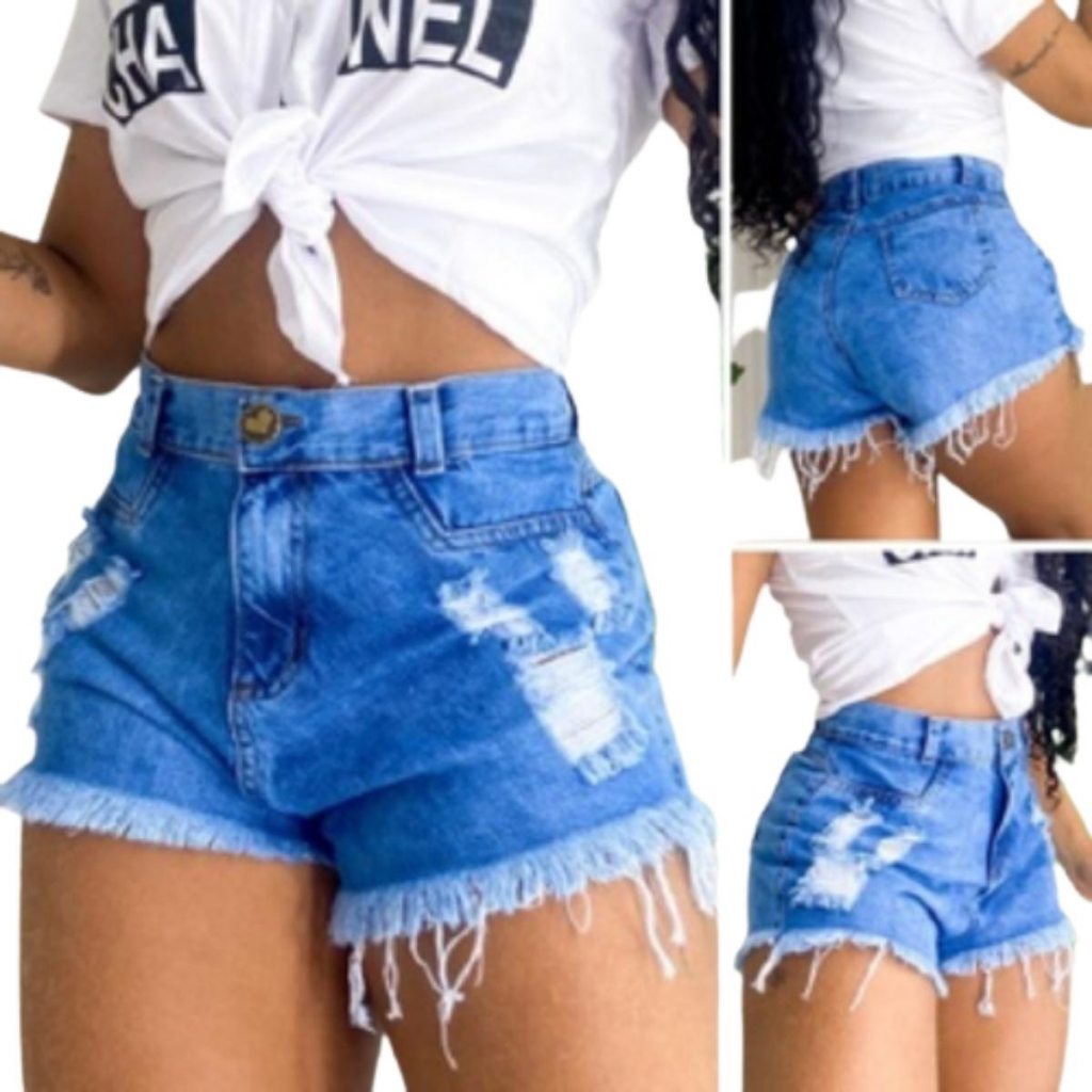 Short Feminino Jeans Short Curto Jeans Rasgado Feminino Premium 100% Algodão