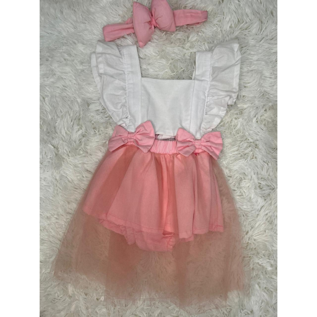 Jardineira Body Romper Saia Blogueirinha Bailarina barbie com tule Mesversario-Tamanho Único 04 meses a 18 meses