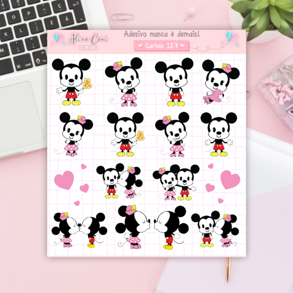 Cartela de Adesivos n 127 - Adesivos de mickey e minnie fofos com corações para decorar planner