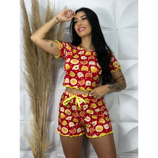 Pijama Feminino Adulto Ondinha Cropped Baby Doll Short Estampado Suede Roupa de Dormir em Oferta na Shopee