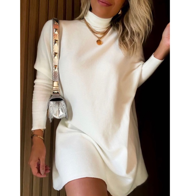 Vestido Feminino Manga Longa Gola Alta Inverno Poncho Maxi Blusa Lanzinha