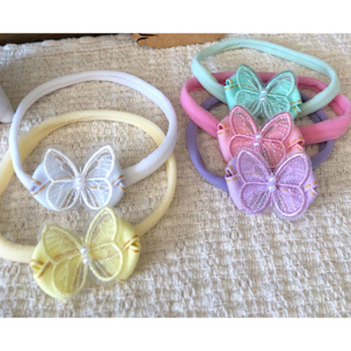 Kit 5 Faixinha de cabelo Laço Jeans com borboleta na meia de seda em Oferta na Shopee