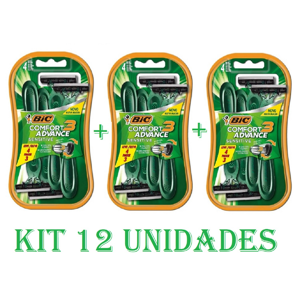 Kit 12 Un - Aparelho de Barbear BIC Comfort 3 Advance Sensitive, Pele Sensível, Fita Lubrificante, Verde, Barbeador