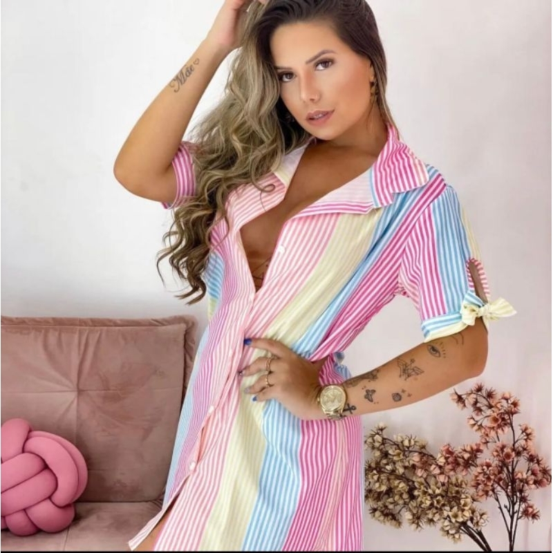 Vestido chamise manga curta colorida em Oferta na Shopee