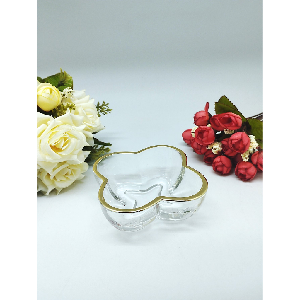 Castiçal De Vidro/ Porta Velas Trevo Com Borda Dourada