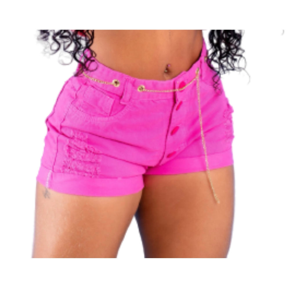 Short Jeans Feminino Cor Rosa com Corrente Ouro Short Cintura Alta Modelo Detonado com Lycra