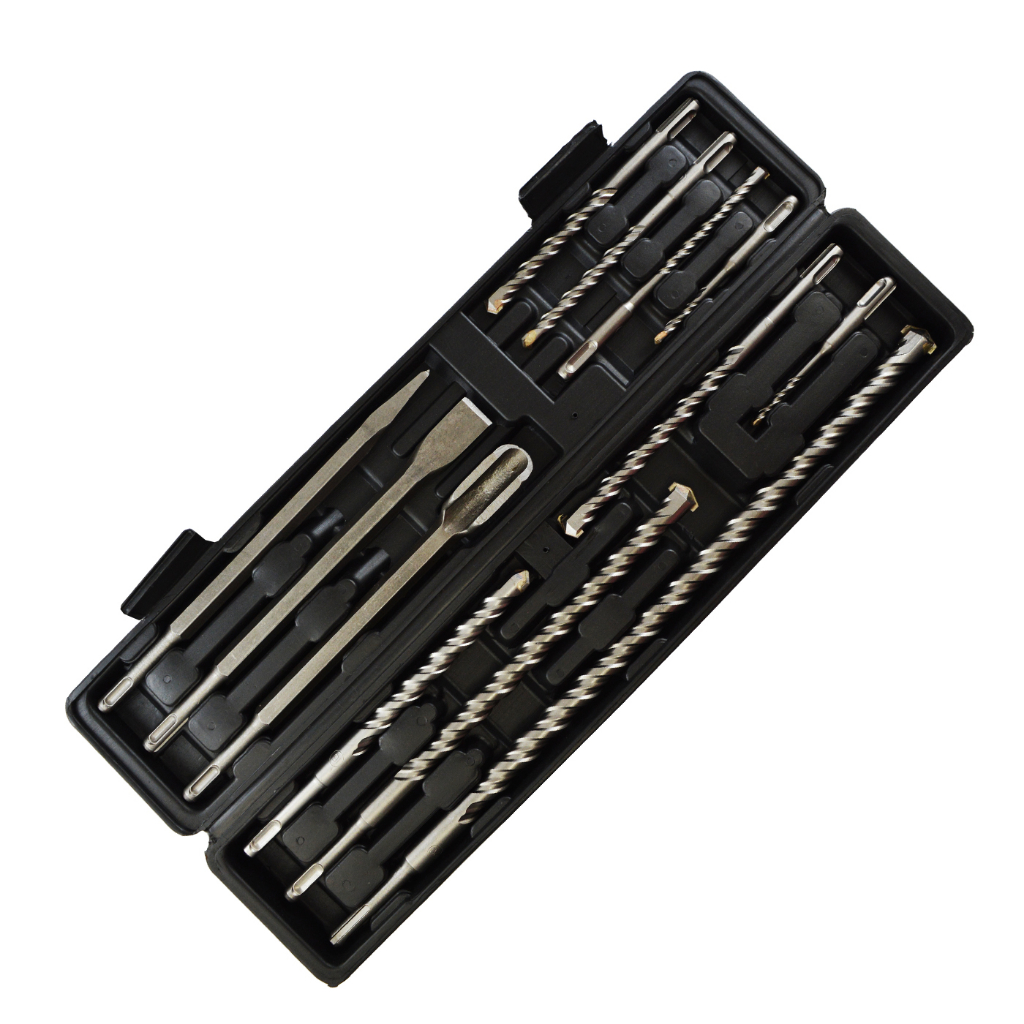Maleta KIT 12pçs Ponteiro Brocas e 2 Talhadeiras SDS Plus Para Martelete