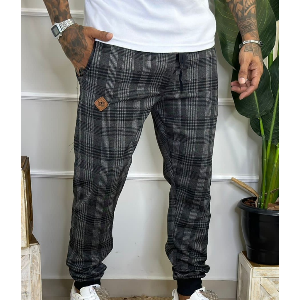 Calça Masculina Xadrez Jogger Lápis Fino Skinny