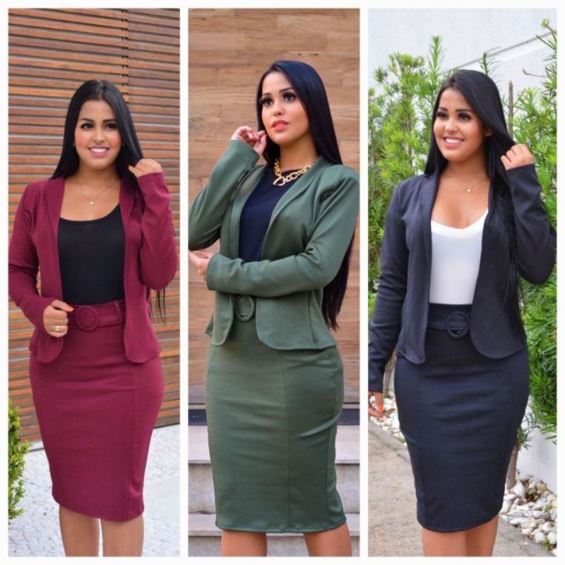 Conjunto feminino, saia reta, midi, saia social, saia lápis, blazer, preto, marsala e verde musgo, verde militar