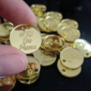 KIT Medalhinha TAG Personalizado em Acrílico Espelhado 2mm Enfeite para Chá revelação,15 anos,casamento