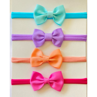 Kit com 4 Faixa de Cabelo Bebê Meia de Seda e Laço de Gorgurão - Pink/Laranja/Lilás/Azul