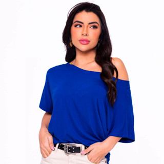 Camisa Manga Curta Básica Feminina Versátil Gola Canoa