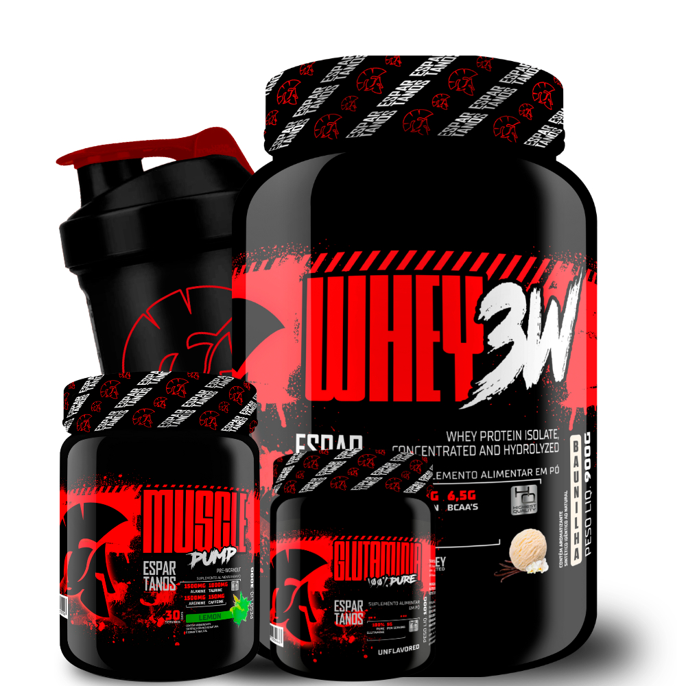 Whey Protein 3w 900g + Pré Treino Muscle Pump Limao 300g + Glutamina 100% Pure + Shaker - Espartanos