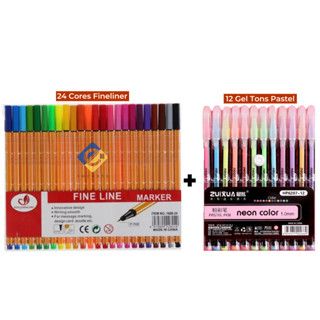 Kit Canetas Coloridas Fineliner Ponta Fina 24 Cores + Canetas Gel Tons Pastéis 12 Cores