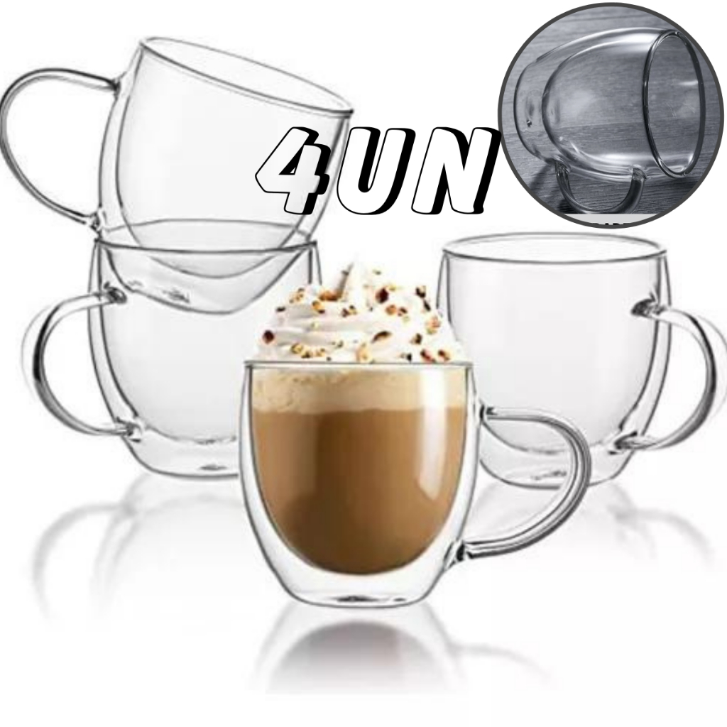 Xícaras Caneca Vidro Parede Dupla Café capuccino Água chá 250ml kit 4un