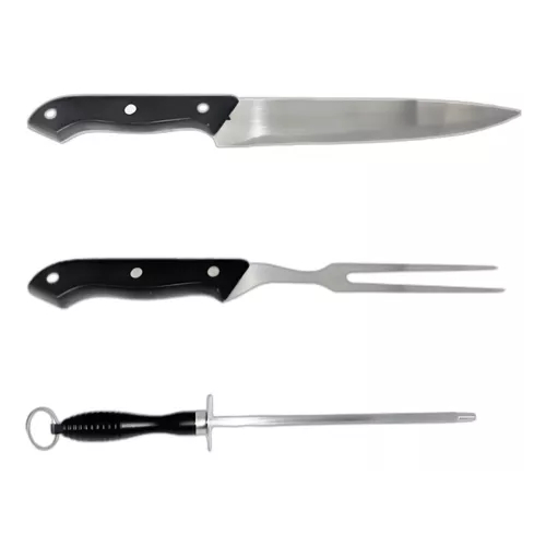 Kit Para Churrasco 3 Peças Faca Garfo Chaira Inox