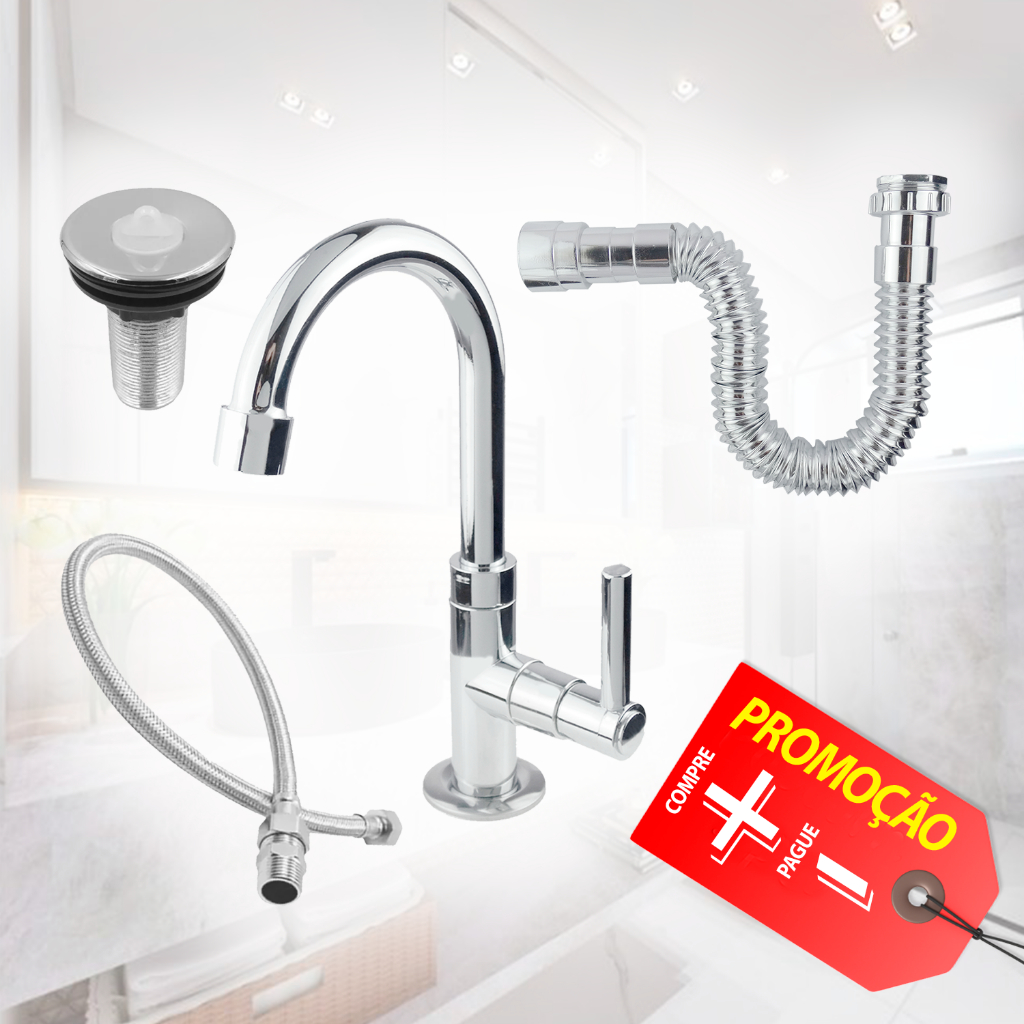 Kit Banheiro Completo Torneira 1198 CR abs + Valvula CR abs + Sifão CR + Engate 40cm Inox Cód. 8804