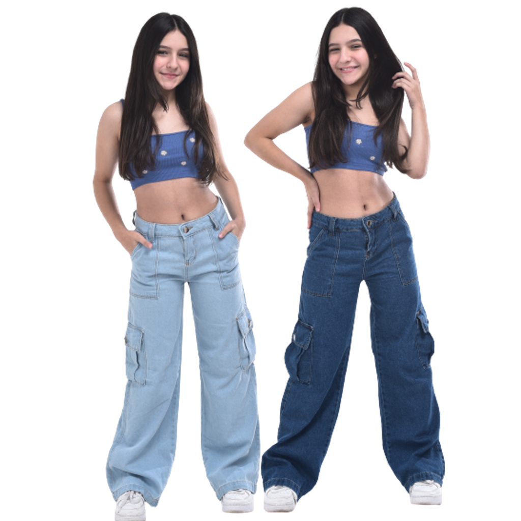Calça Cargo Jeans Menina blogueirinha Juvenil 10 ao 16 anos com bolsos laterais premium em Oferta na Shopee