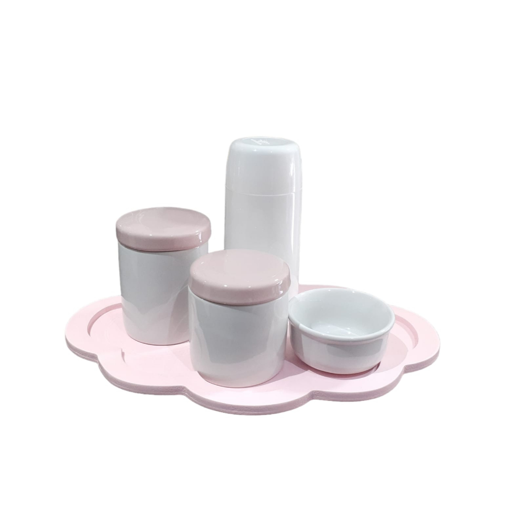 Kit Higiene Bebê porcelana menina maternidade garrafa térmica potes molhadeira tampinha e bandeja rosa