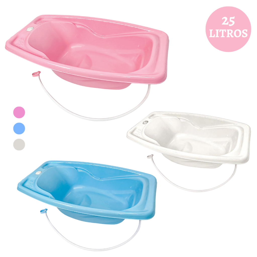 BANHEIRA PARA BEBÊ 25 LITROS COM VÁLVULA DE ESCOAMENTO ROSA AZUL BRANCA- CARINHO