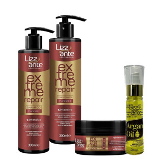 Kit Tratamento Pós Química Com Óleo De Argan Reconstrução Capilar com Colágeno - Recupera e Restaura os Fios Danificados - Repõe a Massa Capilar - Brilho Intenso - Reparador Pontas Duplas - Protetor Térmico - Protetor Solar Lizz ante Professional