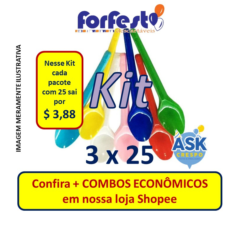 KIT 75 Colheres Sobremesa Descartáveis Forfest - 3 Pacotes com 25 unidades