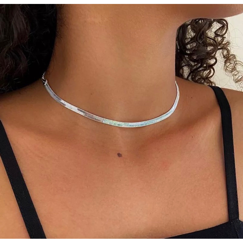 Gargantilha choker fio Laminado Liso Metalizado ajustável prata 925