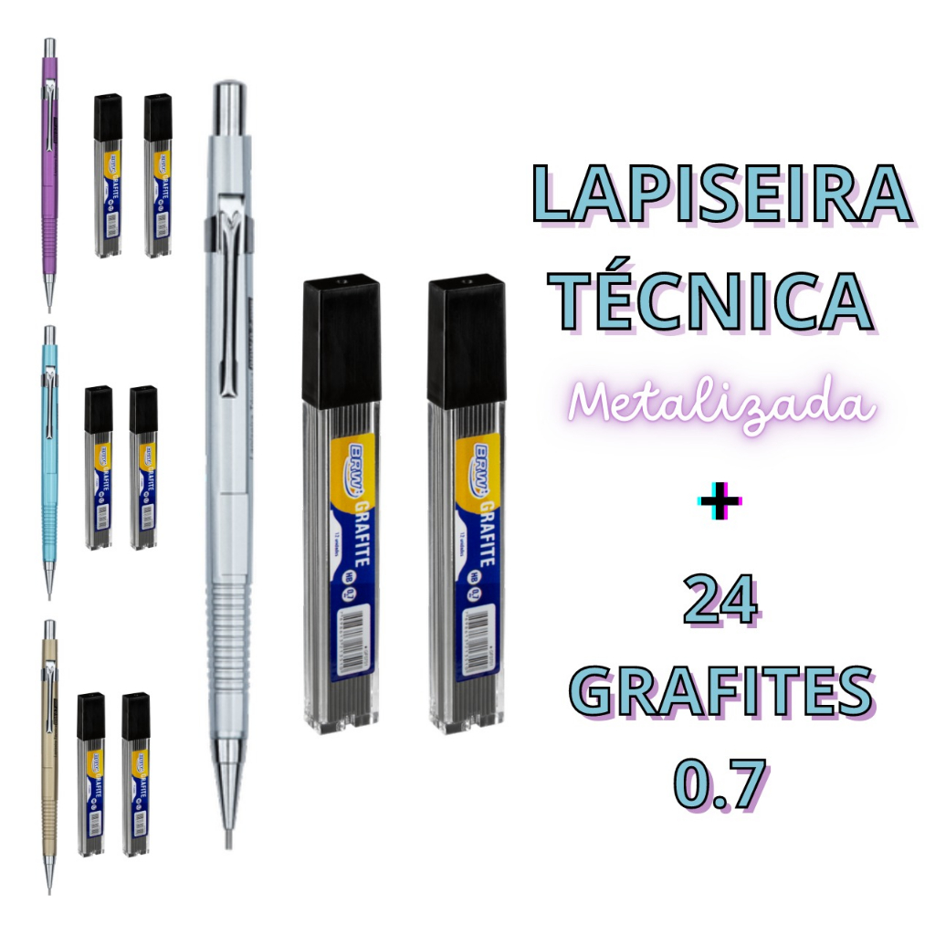 Lapiseira Técnica 0.7mm ₢ores Metálicas + 24 Grafites Hb em Oferta na Shopee