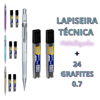 Lapiseira Técnica 0.7mm ₢ores Metálicas + 24 Grafites Hb