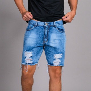 Bermuda Jeans Curta Masculina Rasgada Destroyed Slim