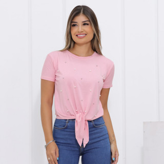 T-shirt Blusa Feminino Laço Amarrado no cintura com perolas