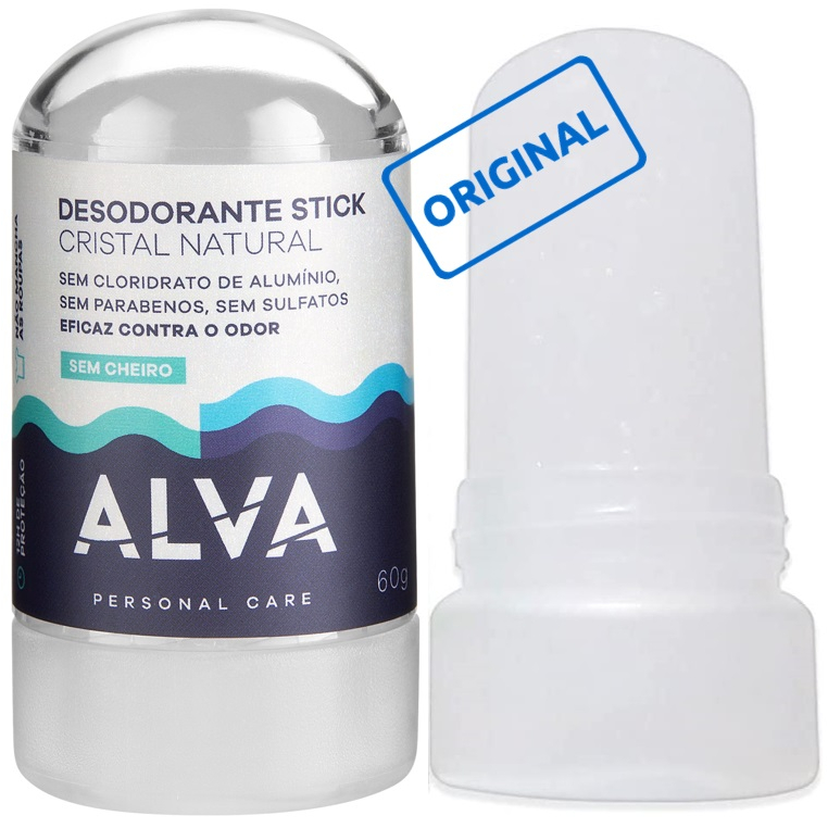 Alva Desodorante Cristal sem cheiro Natural Stick 60g - pedra de sal - zero alumínio - não contém parabenos e nem perfume - vegano