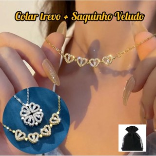 Colar Coração Trevo Magnético 2 em 1 Formato coração