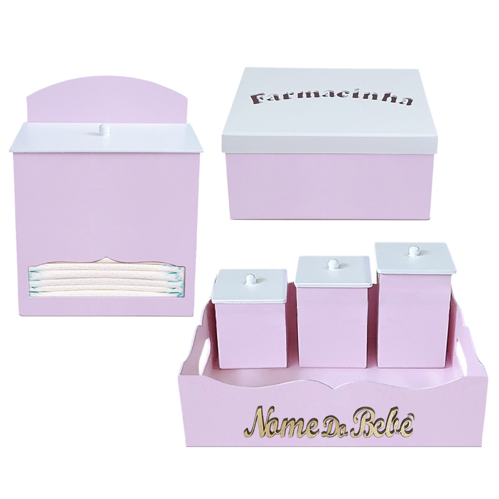 Kit Higiene Bebê Rosa Liso Madeira decoração Quarto Menina
