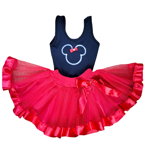Conjunto Body Infantil Fantasia Temático Minnie com Saia de Tule Rosa Vermelho