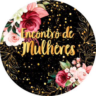 Painel De Festa Redondo Em Tecido 3D - Fundo Preto Flores Efeito Brilhos Dourado Encontro de Mulheres