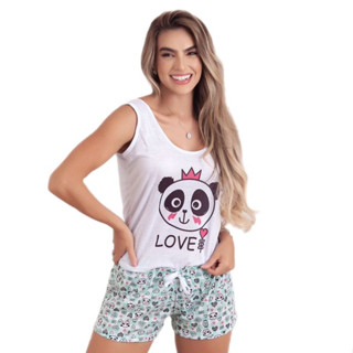 Pijama Baby doll Short Doll Verão Feminina Adulto Malha Regata Detalhe Laço No Short