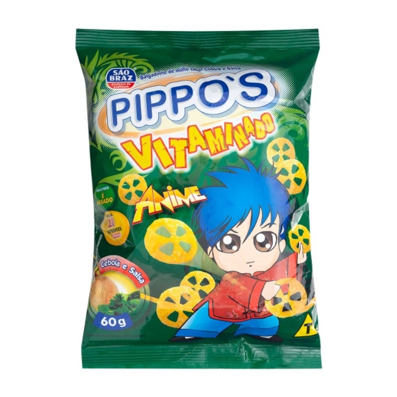 salgadinho pippos anime 60g - kit com 30 unidades - sabores cebola, churrasco e pizza