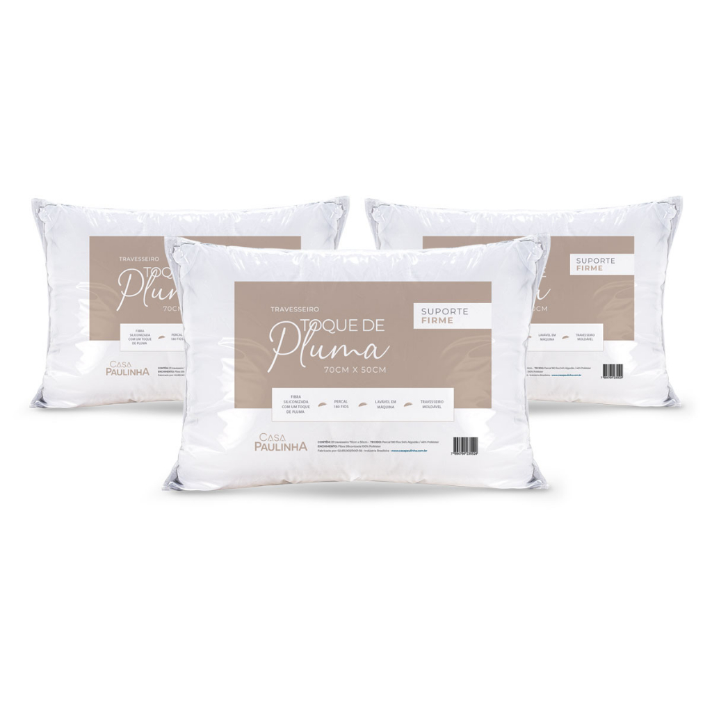 3 Travesseiros Toque de Pluma em Percal 180 Fios Suporte Firme 50cm x 70 cm