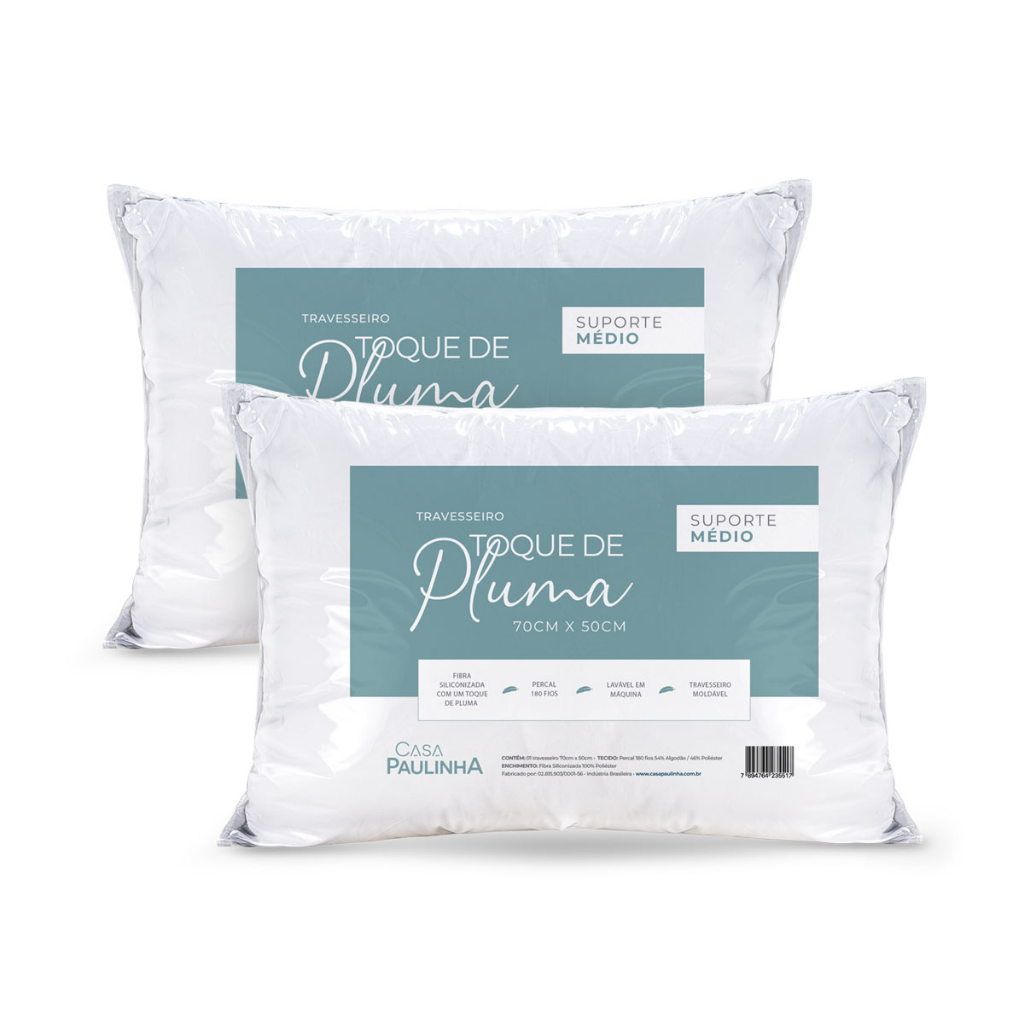 kit 2 Travesseiros Toque de Pluma Médio 70cm x 50cm Percal 180 fios