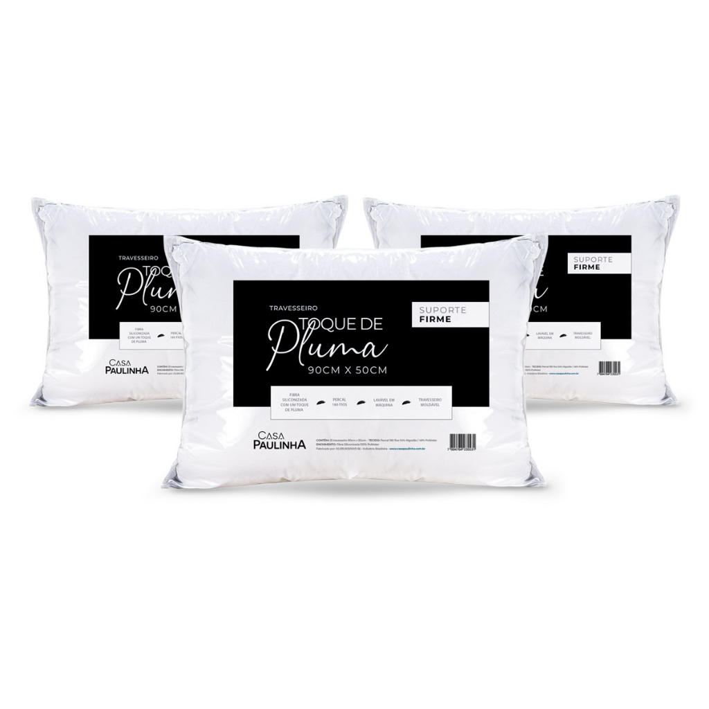 3 Travesseiros Toque de Pluma 180 fios Suporte Firme 90cm x 50cm Macio e Confortável