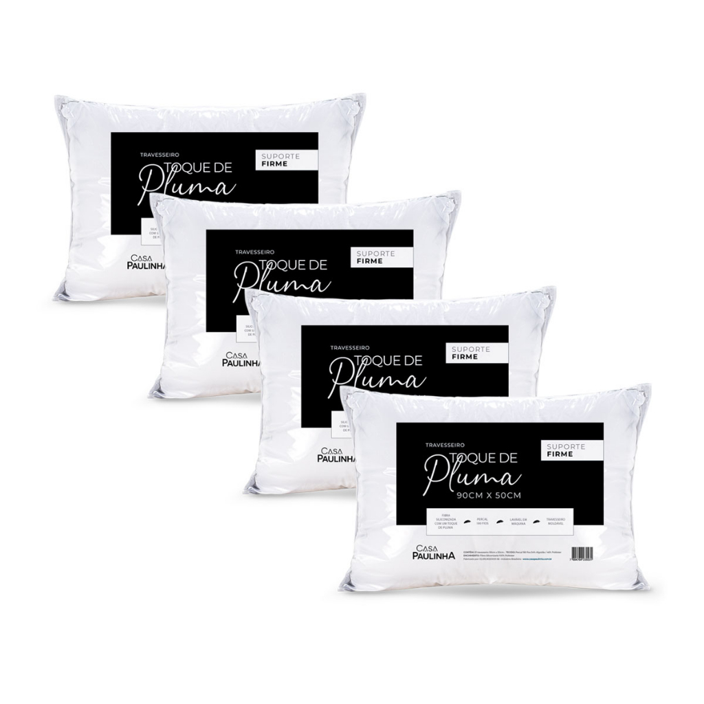 Kit 4 Travesseiros Pluma Suporte Firme Alto 90cm x 50cm Percal 180 fios