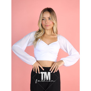 Cropped TOP com Bojo Juliette Blusinha Bufante Tule Poá manga longa moda gringa roupa feminina moda blogueira Paetê