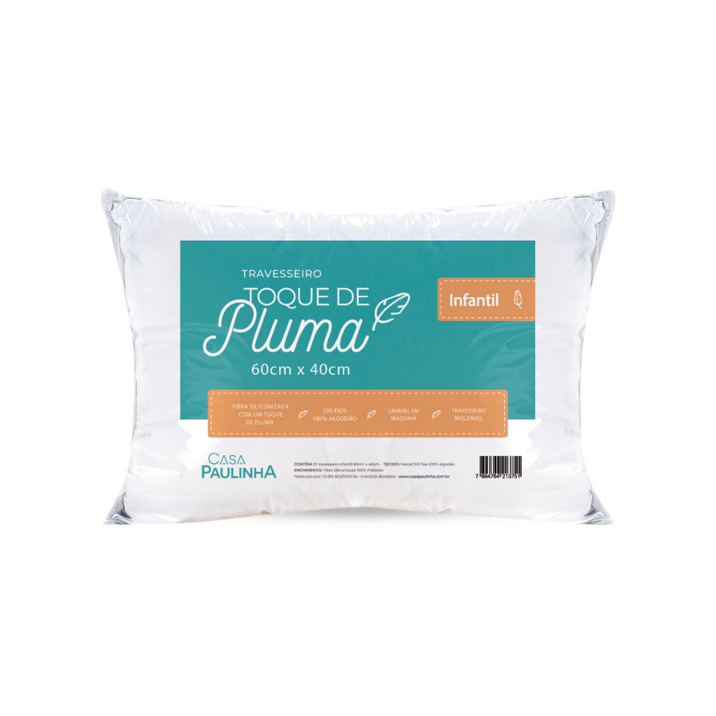 Travesseiro Infantil em Percal 200 fios Toque de Pluma 60cm x 40cm