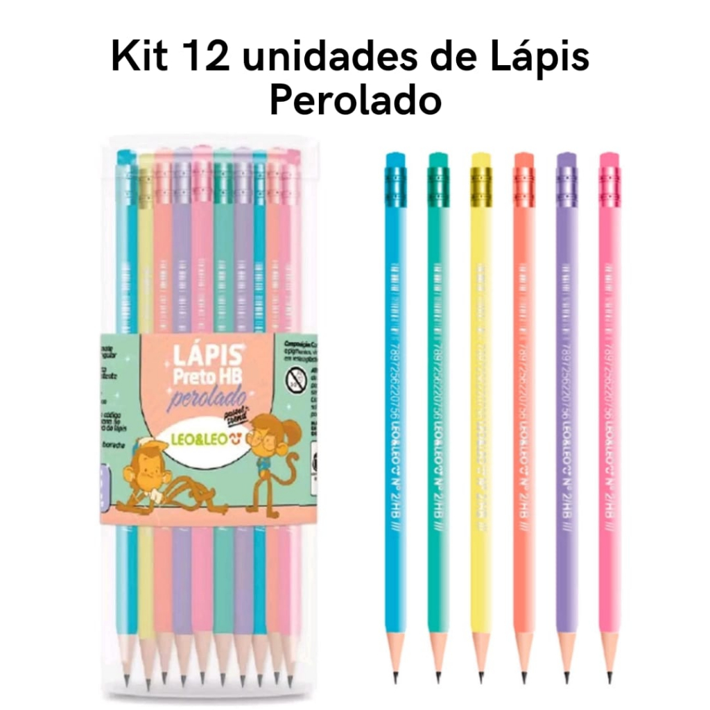 Kit 12 Lápis de Escrever HB Tom Pastel Perolado com Borracha  Escolar Leo&Leo